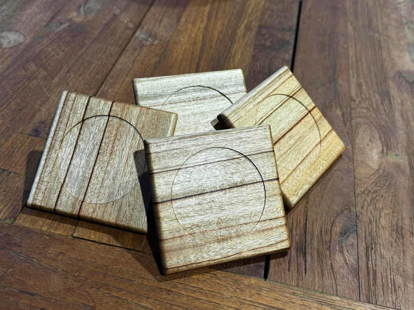 Handcrafted timber drink coasters.