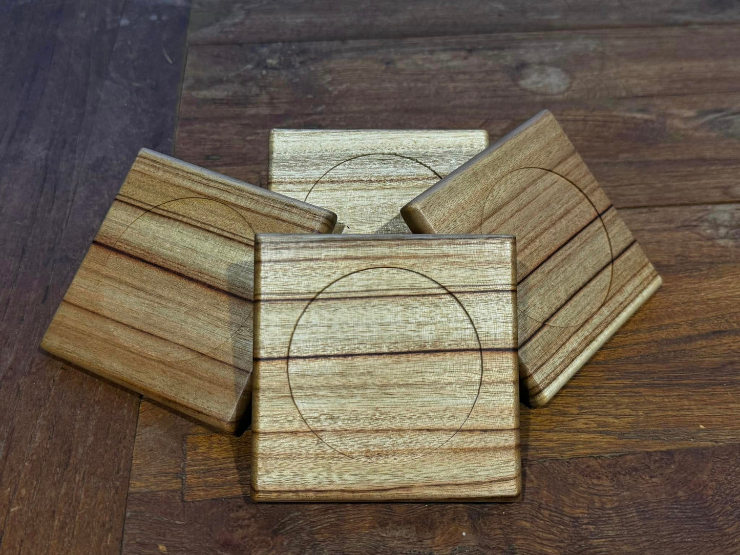 Handcrafted timber drink coasters.
